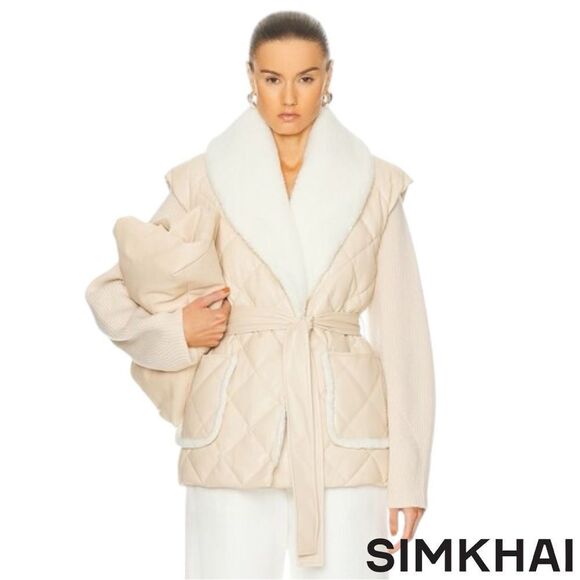 SIMKHAI **NWT** Astra Tie Waist Puffer Jacket Beige/Blush - Picture 1 of 14